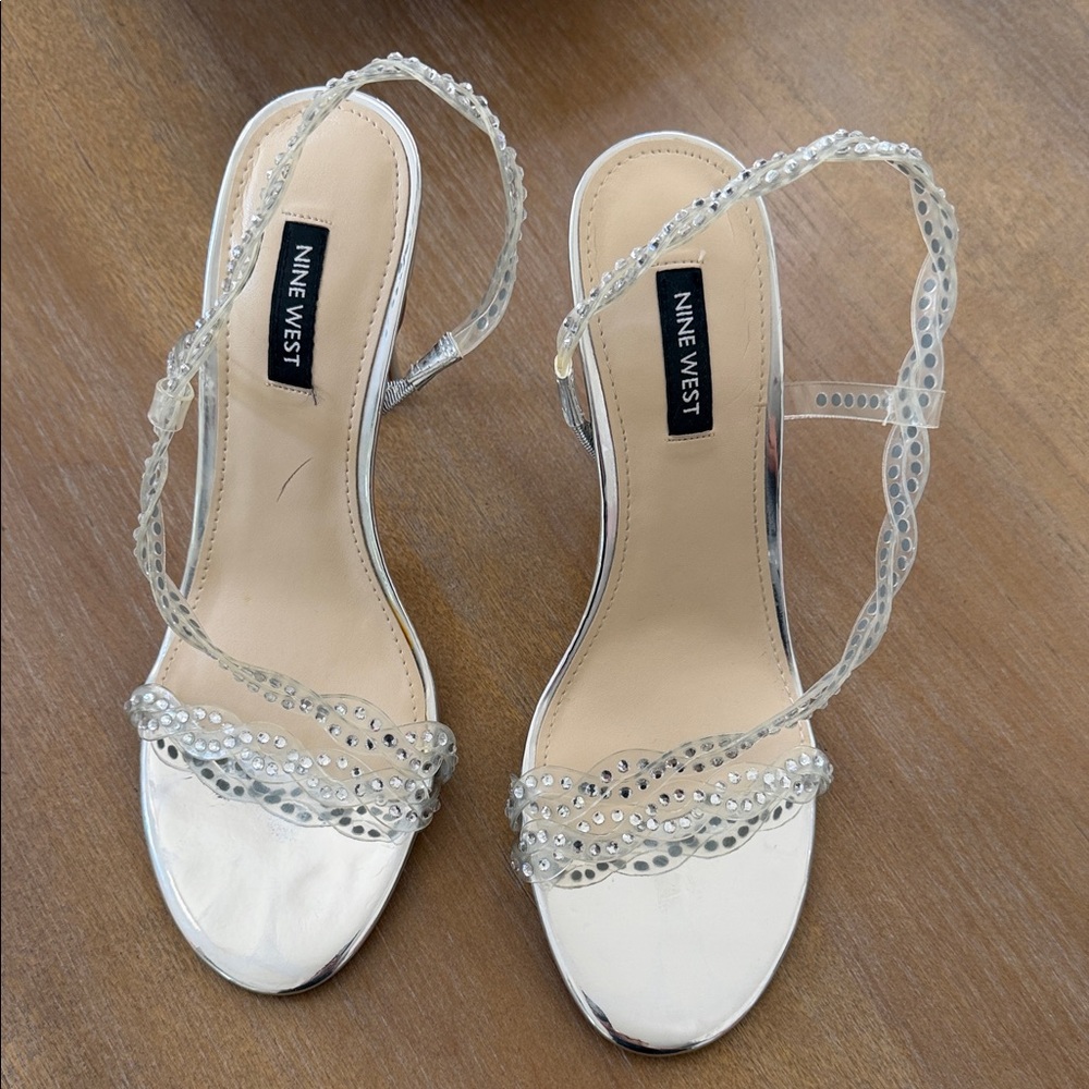 Nine West Silver illusion 3 Crystal-Strap Slingback Heels